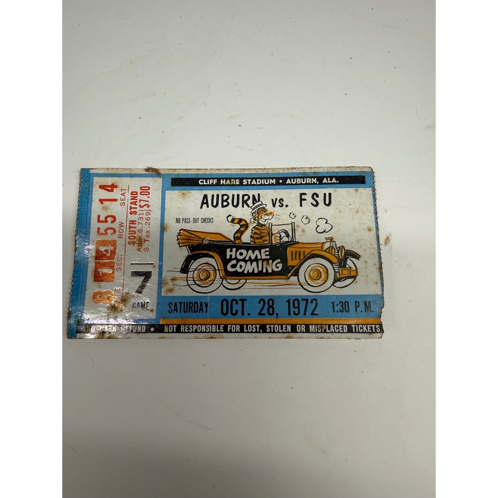 Vintage 1972 Auburn vs FSU Homecoming Ticket Stub Cliff Hare Stadium Oct 28